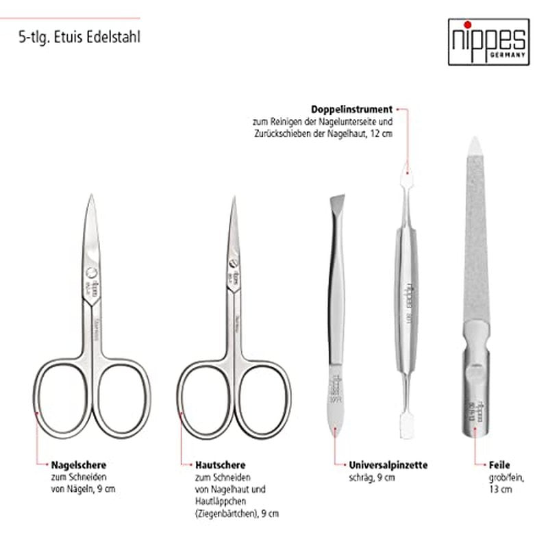 Nippes Solingen Manicure Set, 5-Piece, Stainless Steel and Nickel Free, Genuine Brown Cowhide Leather Case Made In Soligen Germany