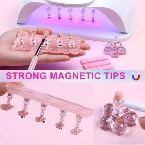 Pink Nail Stand for Press Ons - 2 Nail Holder for Painting Nails 10 Nail Stands 60 Sticky Tack 120 Adhesive Nail Tabs 1 Flower Nail Base - Press on Nail Stand Practice for Home Salon Supplies