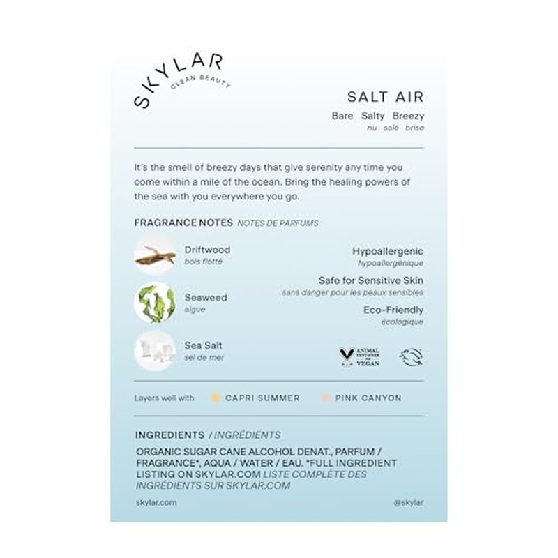 Skylar Salt Air Eau de Parfum - Hypoallergenic & Clean Perfume for Women & Men, Vegan & Safe for Sensitive Skin - Fresh Perfume with Notes of Driftwood, Sea Salt & Seaweed - 50mL /1.7 Fl oz
