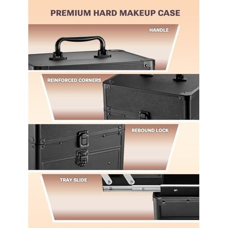 Qislee Makeup Box with Drawer and Four Trays, A Detachable Lighted Mirror, Waterproof Travel Train Case, Cosmetic Organizer and Makeup Suitcase with Magnetic LED Mirror(Black)