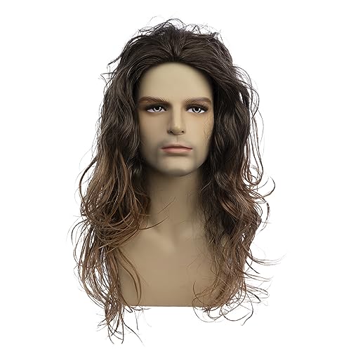 Baruisi Long Curly Wavy Brown Wigs for Men Synthetic Natural Party Halloween Cosplay Hair Wig