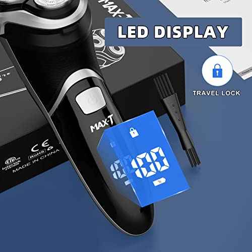 MAX-T Men's Electric Shaver - Corded and Cordless Rechargeable 3D Rotary Shaver Razor for Men with Pop-up Sideburn Trimmer Wet and Dry Painless 100-240V Black (Metal Black)