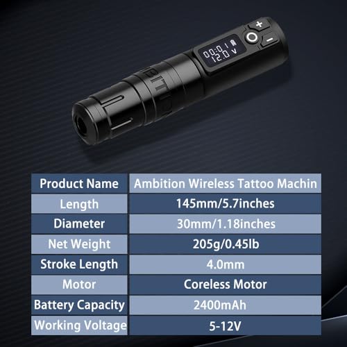 Ambition Storm Wand Tattoo Machine with Extra 2400mAh Battery Power - Rotary Tattoo Gun Cartridge Pen with Coreless Motor Digital LED Display for Professional and Beginners Tattoo Artists