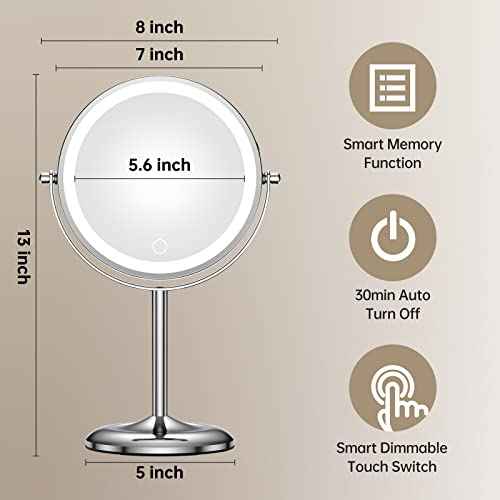 Gospire 7" Lighted Makeup Mirror with Magnification 10X/1X, Rechargeable Cordless Stepless Dimming LED Lights, 360¡Æ Swivel Magnifying Cosmetic Vanity Standing Mirror for Dresser, Bathroom
