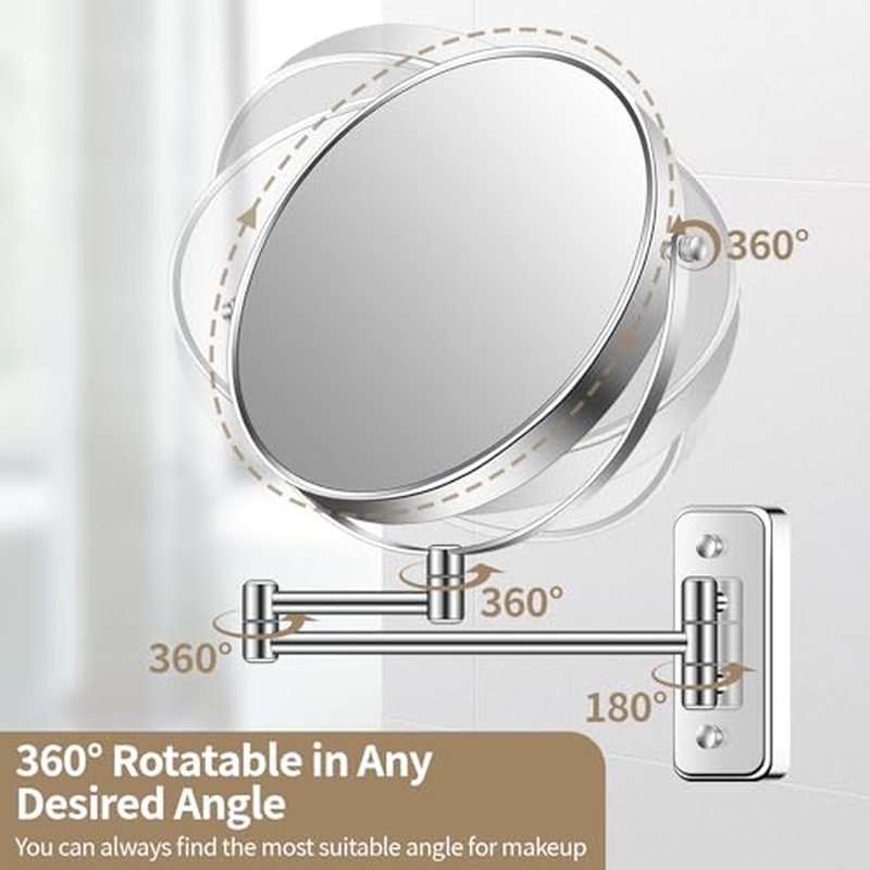 9¡± Large Wall Mounted Makeup Mirror 1X/7X Double-Side Bathroom Magnifying Mirror 360 Swivel Vanity Mirror Extendable Shaving Wall Mount Cosmetic Mirror for Men and Women, Chrome