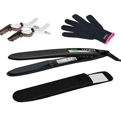 LOVANI Titanium Flat Iron, 450F High Heat Hair Straightener with Digital LCD, Dual Voltage, Auto Shut Off, Heat Resistant Bag, Glove and 2 Hair Clips (7 Piece Set), Black