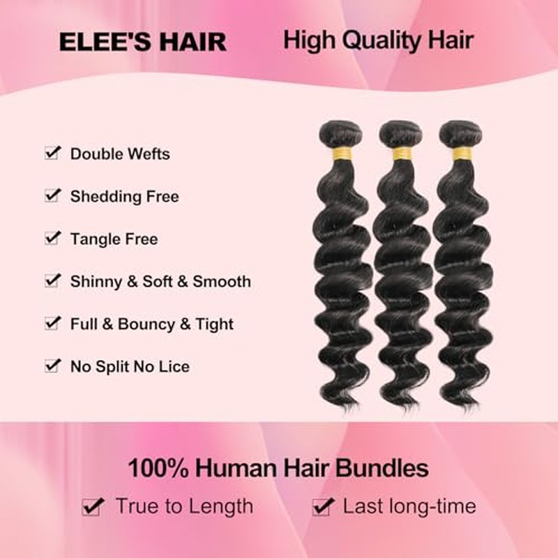 12A Grade Brazilian Virgin Loose Wave Hair 3 Bundles 18" 20" 22" 300g 100% Unprocessed Virgin Brazilian Remy Loose Deep Wave Human Hair Weave Bundles for Black Women Natural Color