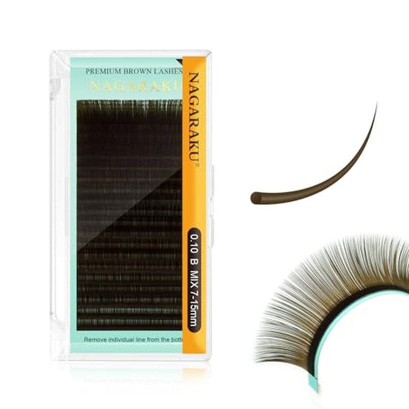 NAGARAKU Natural Brown Color Eyelash Extensions Classic Faux Mink Volume 20 Rows Soft Eyelash Supplies Individual Lashes(0.10mm B curl 7-15mm Mix Tray)