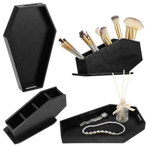 Juexica 2 Pcs Halloween Coffin Decor, Halloween Coffin Tray and Makeup Brush Holder Organizer, Spooky Gothic Home Decor, Gothic Serving Tray Makeup Organizer for Vanity, Witchy Gifts for Women