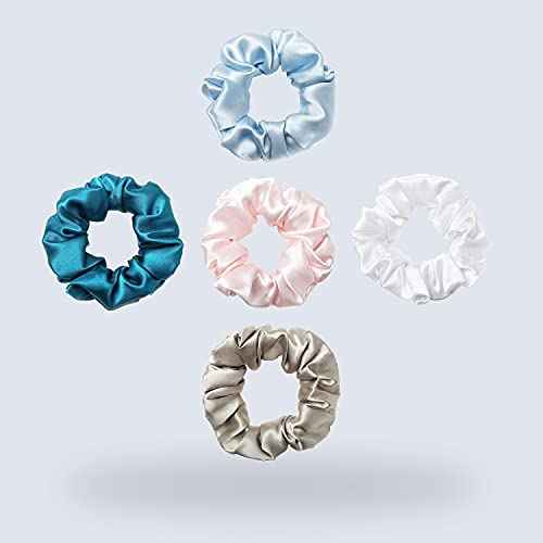 ZIMASILK 100% Mulberry Silk Hair Scrunchies, Best For Women And Girls¡¯Hair, Elastic Hair Bands For Ponytail Holder Gentle And No Hurt (5 Pack, Light Blue, Pink, White, Taupe, Peacock Blue)