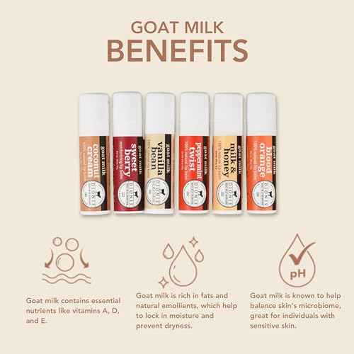 Dionis Goat Milk 6 Pc Lip Balm Ornament - Vanilla, Coconut, Milk & Honey, Berry, Peppermint & Blood Orange Scented Chapstick - Shea Butter & Coconut Oil, Protect & Restore Lips 0.28oz