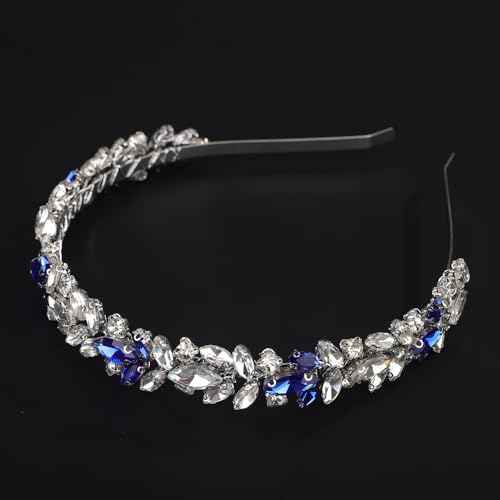 Blue and Silver Rhinestone Headband Crystal Rhinestone Hairband Silver Wedding Hair Accessories Teardrop Rhinestone Wedding Headband for Women