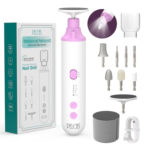 PELCAS Toenail Grinder for Thick Toenails 8 in 1 Manicure & Pedicure Kit, 5 Speeds Cordless Nail Drill with LED Light Electric Foot Callus Remover for Foot Callus, Thick Nails, Finger Nails Pink