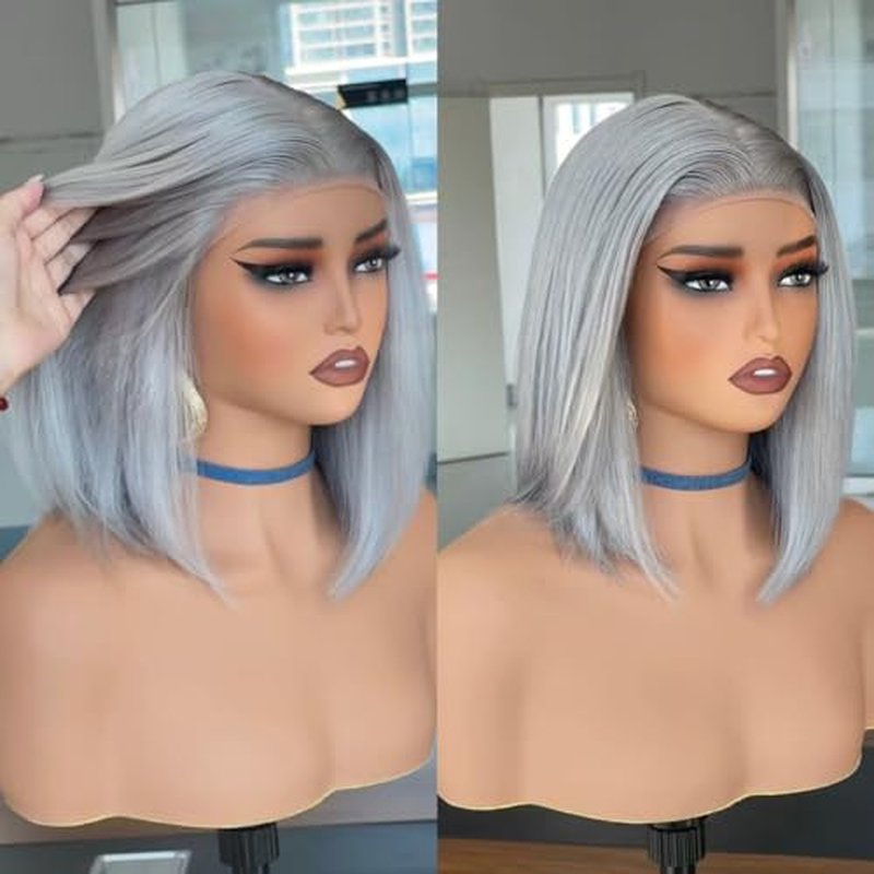 Grey 13x4 Bob Straight Lace Front Wigs Human Hair 180 Density UHD Transparent Lace Front Wigs Human Hair Pre Plucked Pre Cut Lace Glueless Wig Virgin Colored HumanHair Wigs For Women 10Inch