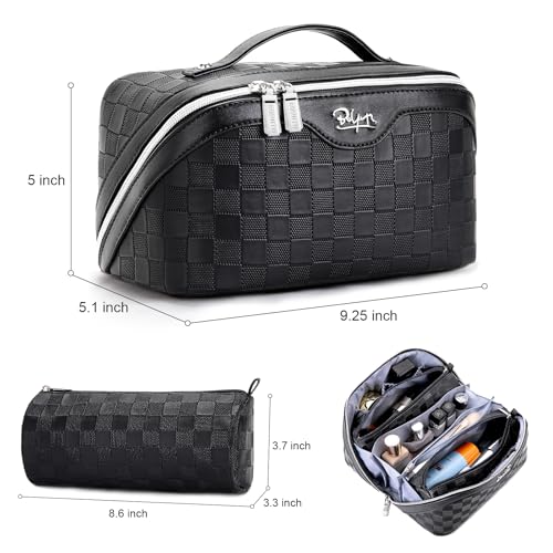 BOYATU Travel Makeup Bag Organizer Cosmetic Bag: 3 Pcs Set Make up Bags for Women with Handle - Waterproof Vegan Leather Toiletry Bags Travel Essentials Pouch with Compartments (01-Black)