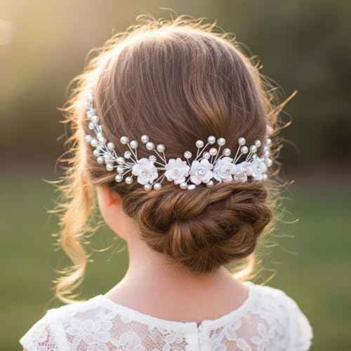 Campsis Flower Girls Hair Accessory, White Floral Headband, Pearl Headpiece for Bridal