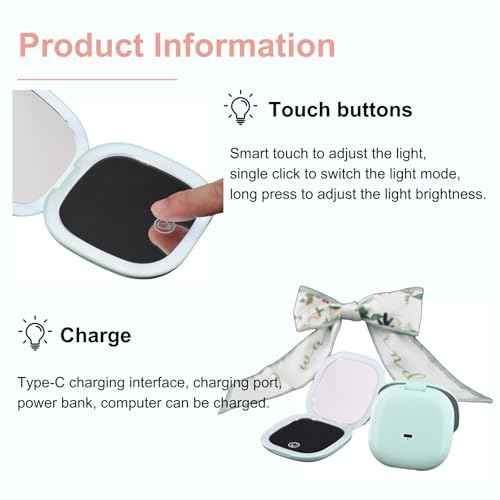 Makeup Mirror with Lights - Dual-Sided Green LED Pocket Mirror, 1X/5X Magnifying Travel Mirror, 3 Light Modes, Rechargeable Handheld Mirror for On-The-Go Makeup, Grooming, and Gifts