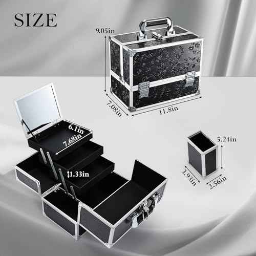 FRENESSA Makeup Train Case Makeup Box 11.8 Inch Large Makeup Case Organizer 3 Trays with Mirror Locking Cosmetic Storage Box for Cosmetics Nail Supplies Sewing Travel Case Black Floral