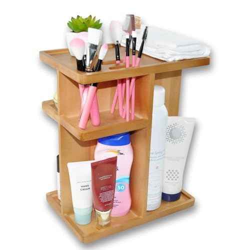 Spiretro Rotating Cosmetic Modular Organizer, Multi-Function Storage, 360 degree Carousel for Makeup, Toiletries, Vanity, Desk, Countertop, Bedroom, Closet, Solid Natural Wood with Acacia Brown