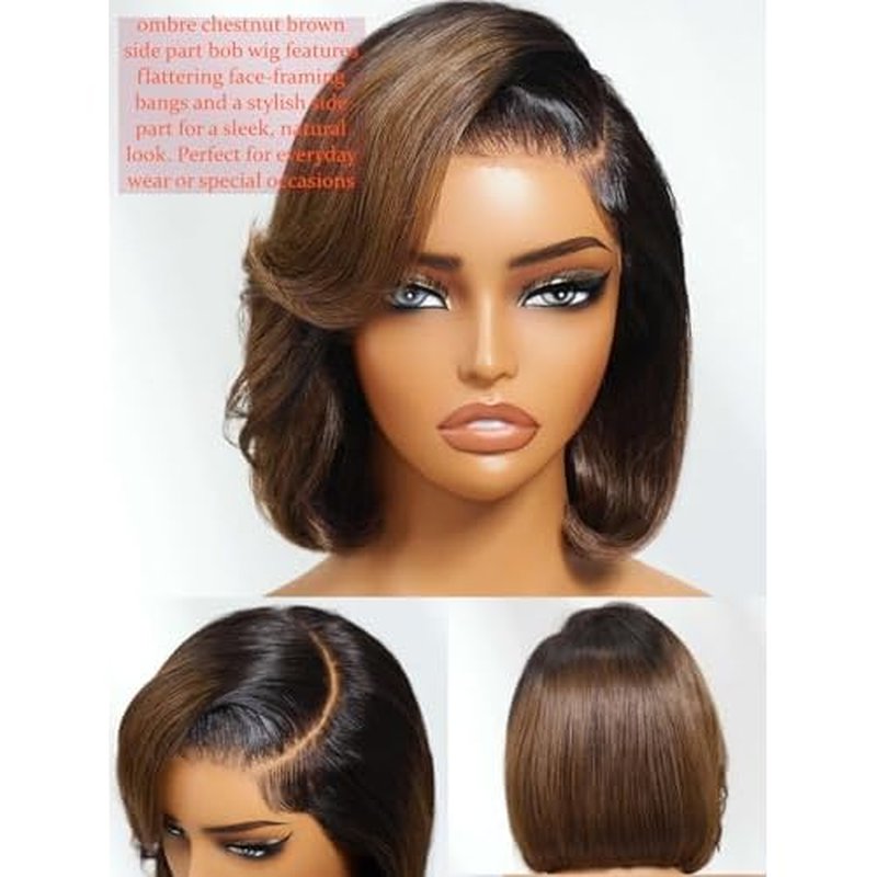 Beauty Forever Side Part Bob Wig Human Hair Ombre Chestnut Brown Glueless HD Lace Bob Drawstring Wig with Face Framing Bangs 150% Density 10 Inches Pre Cut Plucked Bye Bye Knots Ready to Go Short Wig