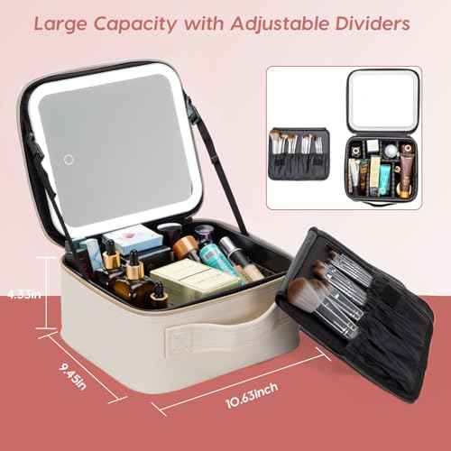 Travel Makeup Bag with LED Mirror ? Waterproof Cosmetic Train Case with Adjustable Dividers, Portable Makeup Organizer and Toiletry Bag for Women, Pink Teens & Girls Gift