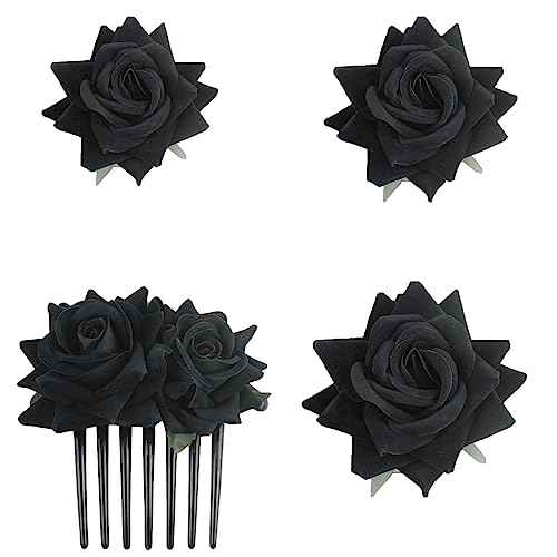 4 Pieces Women Rose Hairpin, Bridal Rose Brooch Hair Clip Wedding Floral Clips for Woman Girl Party Wedding (Black)