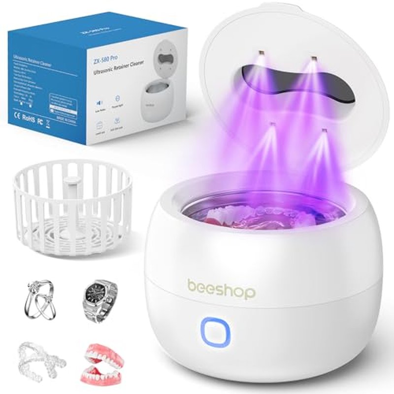 BEESHOP 2025 Ultrasonic Retainer Cleaner Machine ? 45kHz Dental Pod for Retainers, Mouth Guards, Braces, Aligners & Jewelry, Denture Cleaner with 3 Modes, 200ml Capacity (White)