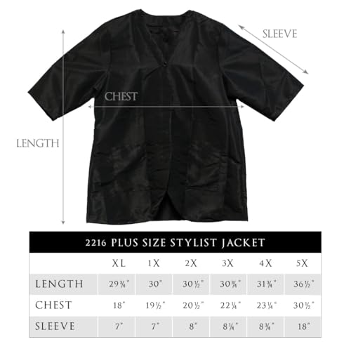 Betty Dain A Size Above Plus Size Salon Stylist Jacket, Cut for Curves, Three-quarter Length Sleeves, Button Down Front, Two Lower Front Pockets, Lightweight, Water Resistant Nylon/Poly, Black, 3X