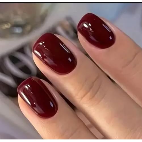 Curvlife Press on Nails Acrylic Fake Nails with Short Square Wine red Design Full Cover False Nails Reusable Nail Kit with Nail Glue Adhesive Tabs Glue on Nails