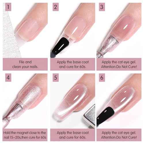 Jelly Pink Silver Cat Eye Gel Nail Polish Set 6 Colors with Magnet for Holographic Glitter Cat Eye, Salon Gel Manicure and Nail Art DIY at Home