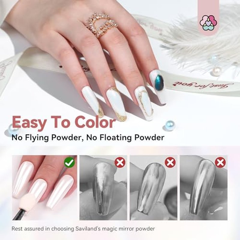 SAVILAND White Pearl Chrome Nail Powder: 1g Metallic Mirror Effect Unicorn Chrome Powder Iridescent Pearlescent Aurora Mermaid Pigment Glitter Dust Kit for DIY Nail Art Decoration Home & Salon Use