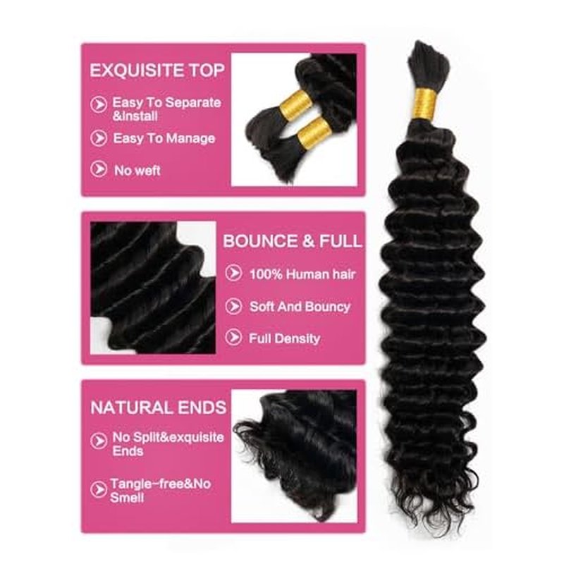 Human Braiding Hair 3 Bundles/Pack 300g 16 18 20 inch Deep Wave Curly Bulk 100% Human Hair for Braiding No Weft 10A Brazilian Virgin Human Hair Extensions for Boho Braids Natural Black Wet and Wavy