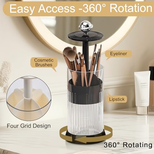 Makeup Brush Holder with Lid,One Touch Open 4 Slot Makeup Brush Case with Waterproof Dustproof, 360 Rotating Makeup Organizer for Vanity Desktop Counterto Bathroom (Black)