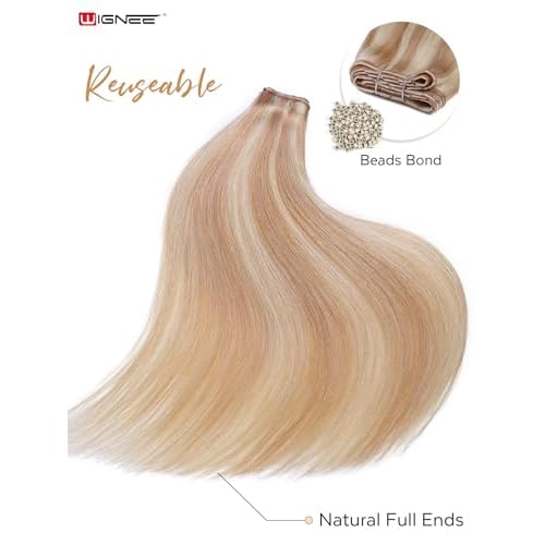 WIGNEE Double layer PU OVO Strawberry Highlight Blonde Weft Hair Extensions Human Hair with Beads 100% Real Remy Human Hair Extensions Glueless 12 Inch Weft(18/613)
