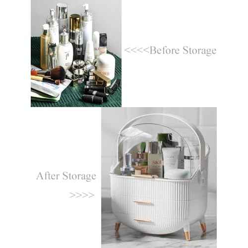 Makeup Storage Organizer for countertop£¬Cosmetics Display Case with 2-Layer Storage Box and Transparent Cover, Keep Bedroom Vanity Organizer Clea, Milky white
