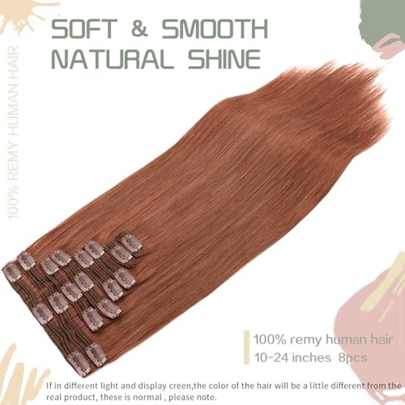 S-noilite Dark Auburn Clip in Human Hair Extensions 100% Remy Hair Thick True Double Weft Clip in Hair Extensions Full Head 8 Pieces 18 Clips Straight Silky (16 Inch - 130g,Dark Auburn (#33))