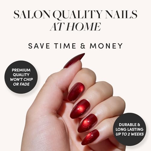 Glamnetic Press On Nails - Frosted Cranberry | Short Almond Fake Nails in Deep Red with Jelly Finish, Salon Quality Holiday Nails | 15 Sizes - 30 Nail Kit with Glue