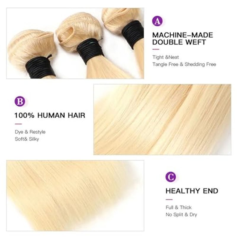 613 Color 3Bundles Human Hair Real Straight Human Hair Extensions Light Blonde Color 3Bundles Human Hair Bundles Enough to full head (161820 Inch)