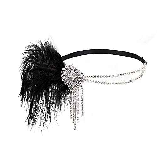 Flapper Headbands for Women 1920s Feather Headpiece Great Gatsby Roaring 20s Hair Accessories Crystal Elastic Rhinestone (Black)