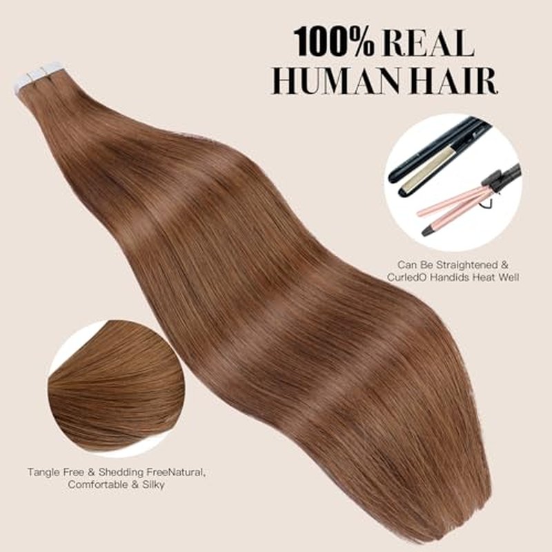 Tape in Hair Extensions,Real Human Hair Extension,Brown Human Hair 24 inch 20pcs 50g,Thick Ends Straight Seamless, Invisible Tape in Hair Extensions Human Hair