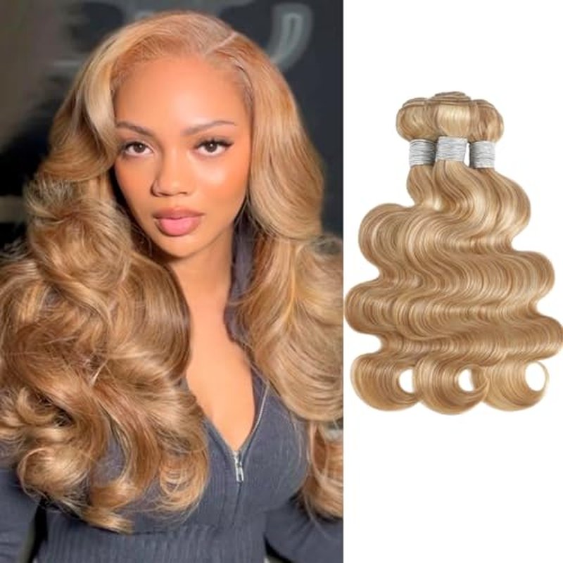 F27/613 Blonde Highlight Human Hair Bundles Body Wave, 13A Soft Honey Blonde Body Wave 3 Bundle Healthy 100% Virgin Hair #27/613 Highlight Mix Colored Wavy Weave for Women 3pcs 10 12 14 Inch