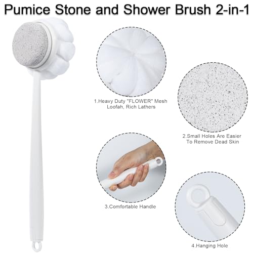 Pumice Stone for Feet and Shower Loofah with Long Handle, Hard Skin Callus Remover, 2 in 1 Foot Scrubber Brush, Back Scrubber Body Brush for Shower Deep Cleansing and Exfoliating
