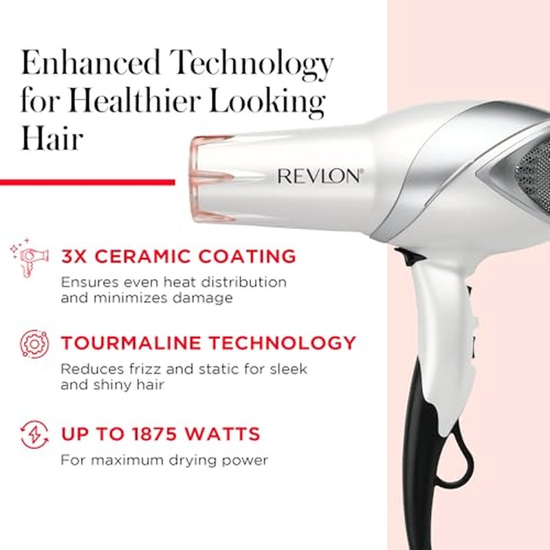 REVLON Infrared Hair Dryer with Diffuser & Concentrator - Ionic Ceramic Blow Dryer for Frizz Control, Shine, Soft Hair & Moisture Protection - 1875W Professional Salon-Quality (White)