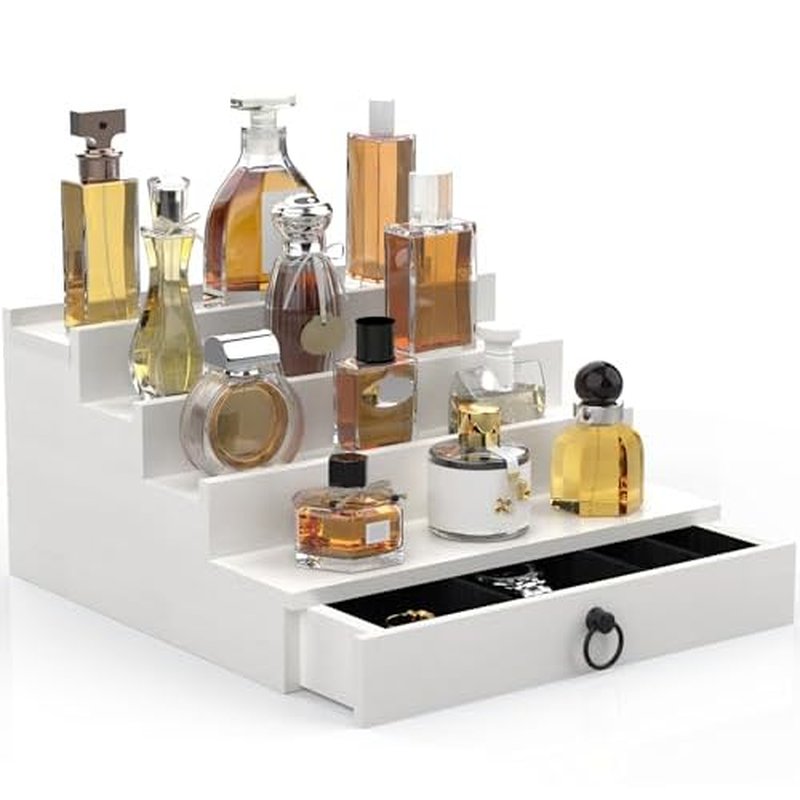 Cologne Organizer for Men, 4 Tier White Wood Perfume Organizer with Felt Lining Drawer and Hidden Compartment, Perfume Display Holder, A Gift for Men