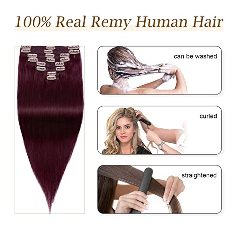 MY-LADY Double Weft 100% Remy Human Hair Clip in Extensions burgundy Full Head Thick Long Soft Straight 8pcs 18clips 18 inch 140g #99J Wine Red