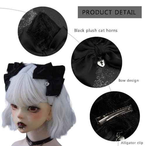 2 Pcs Halloween Gothic Hair Clips Black Lolita Bow Plush Cat Ear Hairpins Hair Barrettes for Women Girls Hair Accessories Cosplay Halloween Party Tea Party