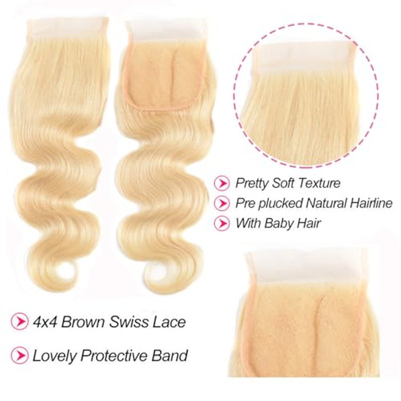 Blonde Human Hair Bundles Body Wave 613 Bundles with Closure (14 16 18+12 Inch) 100% Unprocessed 12A Grade Brazilian Virgin Remy Sew In Hair Extensions Silky and Soft No Tangle Multipurpose