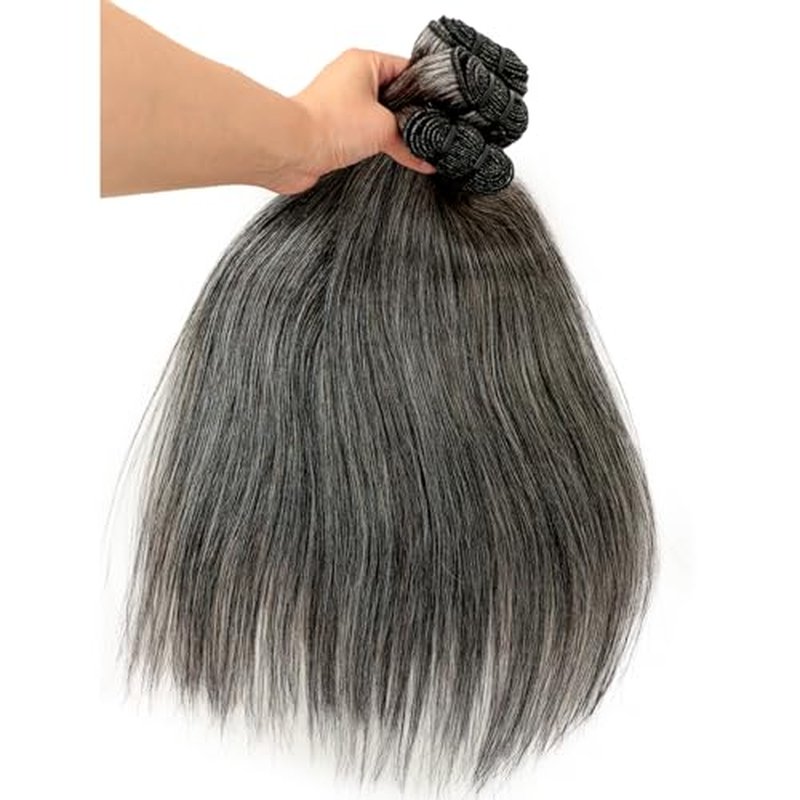 Salt and Pepper Human Hair Bundles Straight 14 14 14 inch Natural Gray Bundles Human Hair 12A Grey-White Quick Weave Hair Extensions Double Weft