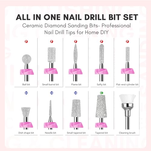 Makartt Nail Drill Bits:10Pcs Dimond Sanding Bit Sets for Nail Drill E-File,Upgraded Cuticle Cleaner Nail Bit Kit Tool Bits for Acrylic Nail Art Tools Nails Manicure Nail Prep,Nail Salon Home DIY Use