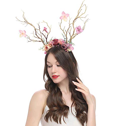 XIDAJIE Deer Antler Flower Crown Headbands Halloween Chritmas Long Antler Flower Branches Headband Props Horns Headpieces Hair Band Photo Shoot Forest Goddess Headdress Headwear, Light Brown